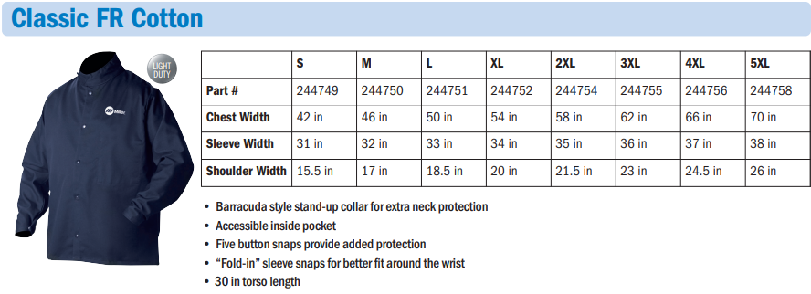 Miller Classic Cloth FR Size Chart